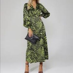 Ganni Silk Stretch Satin Wrap Dress in Animal Print Lime Green Black Size 38